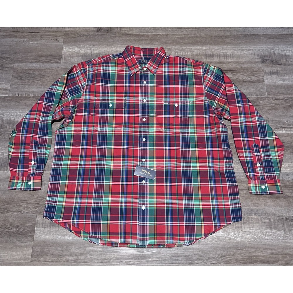 Polo Ralph Lauren Men's Size 3XB Green Red Long Sleeve Sport Oxford Shirt Big